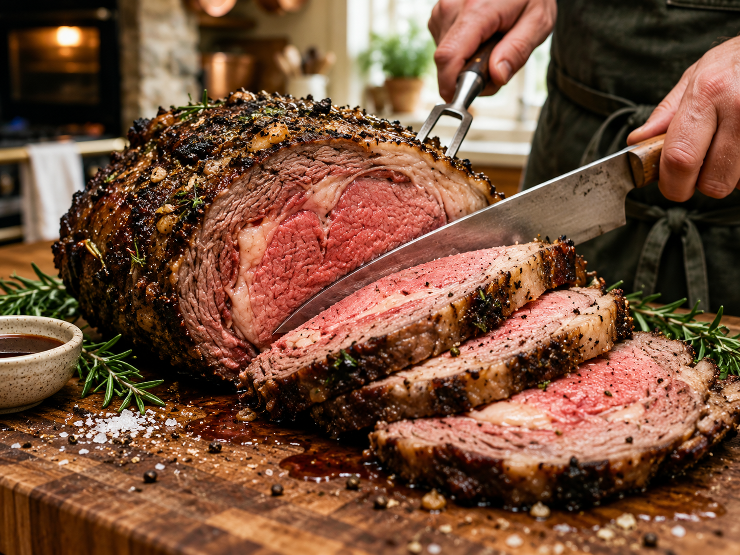Prime rib being carved into even slices on a wooden cutting board