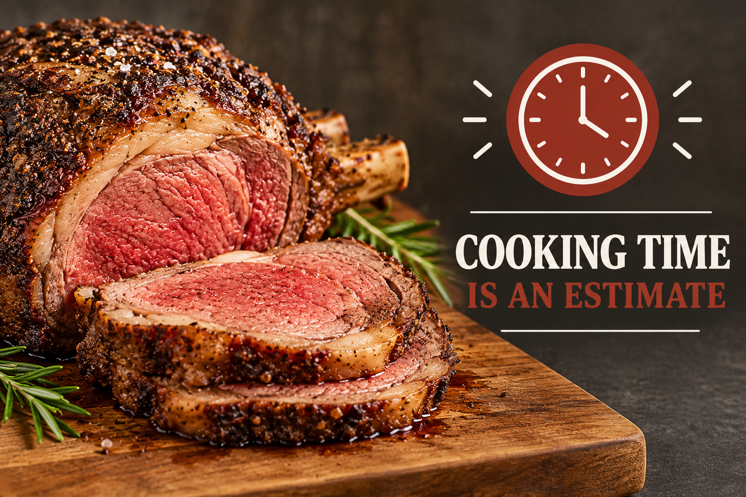 Roasted prime rib beside a clock: cooking time is an estimate