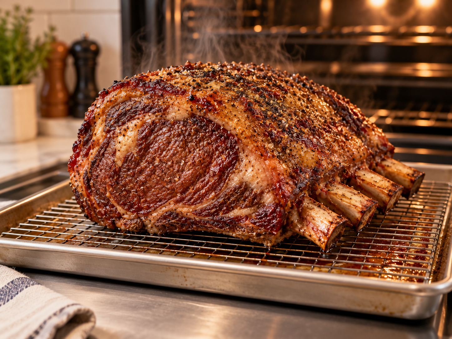 Finished bone-in prime rib with browned crust resting on a rack after roasting