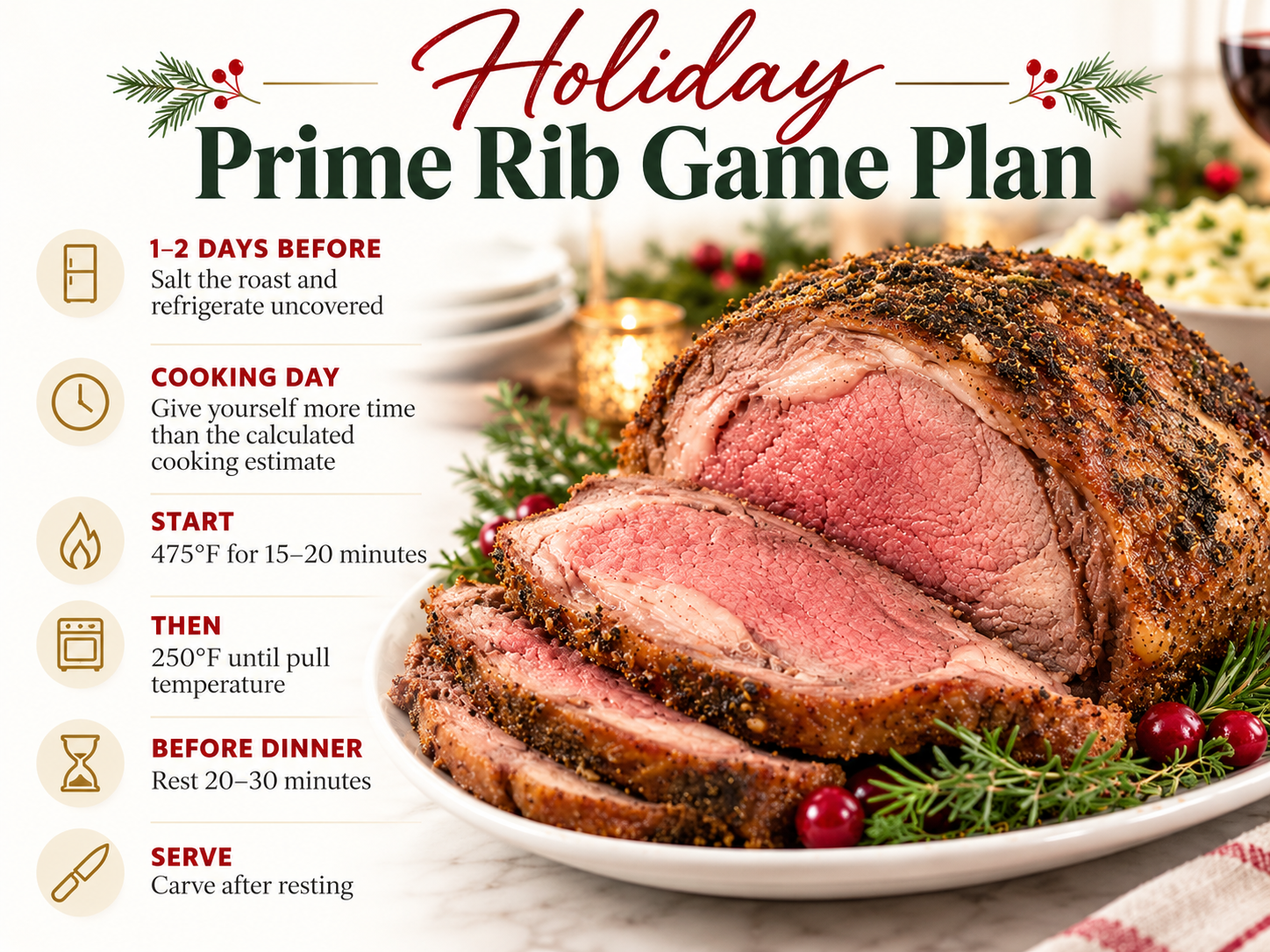 Holiday prime rib game plan from salting ahead through roasting, resting, and carving