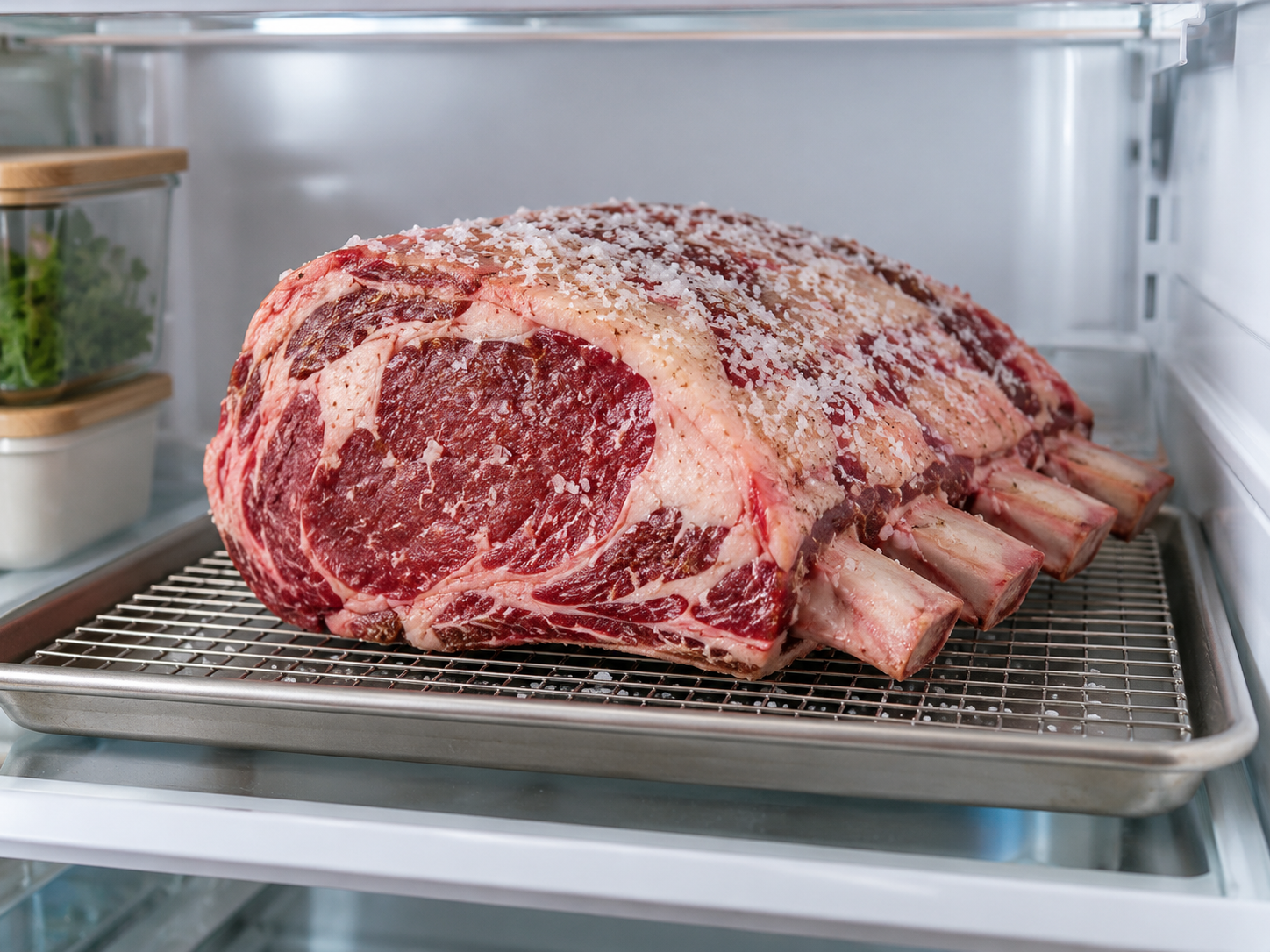 Prime rib dry brining uncovered in the refrigerator