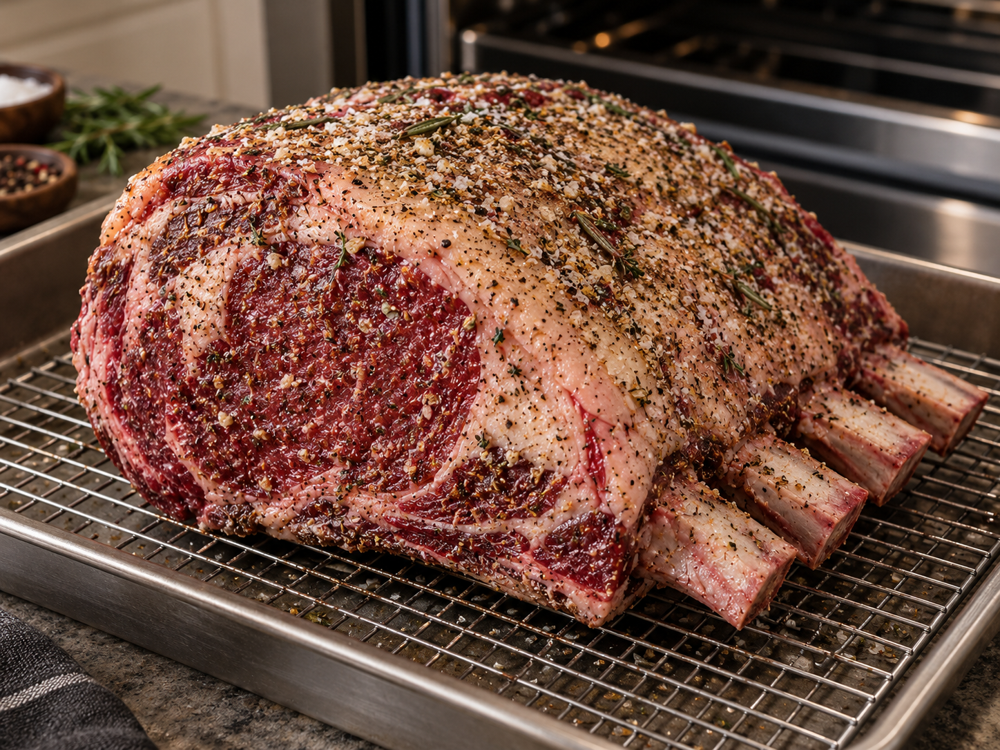 Seasoned Certified Piedmontese prime rib ready for roasting