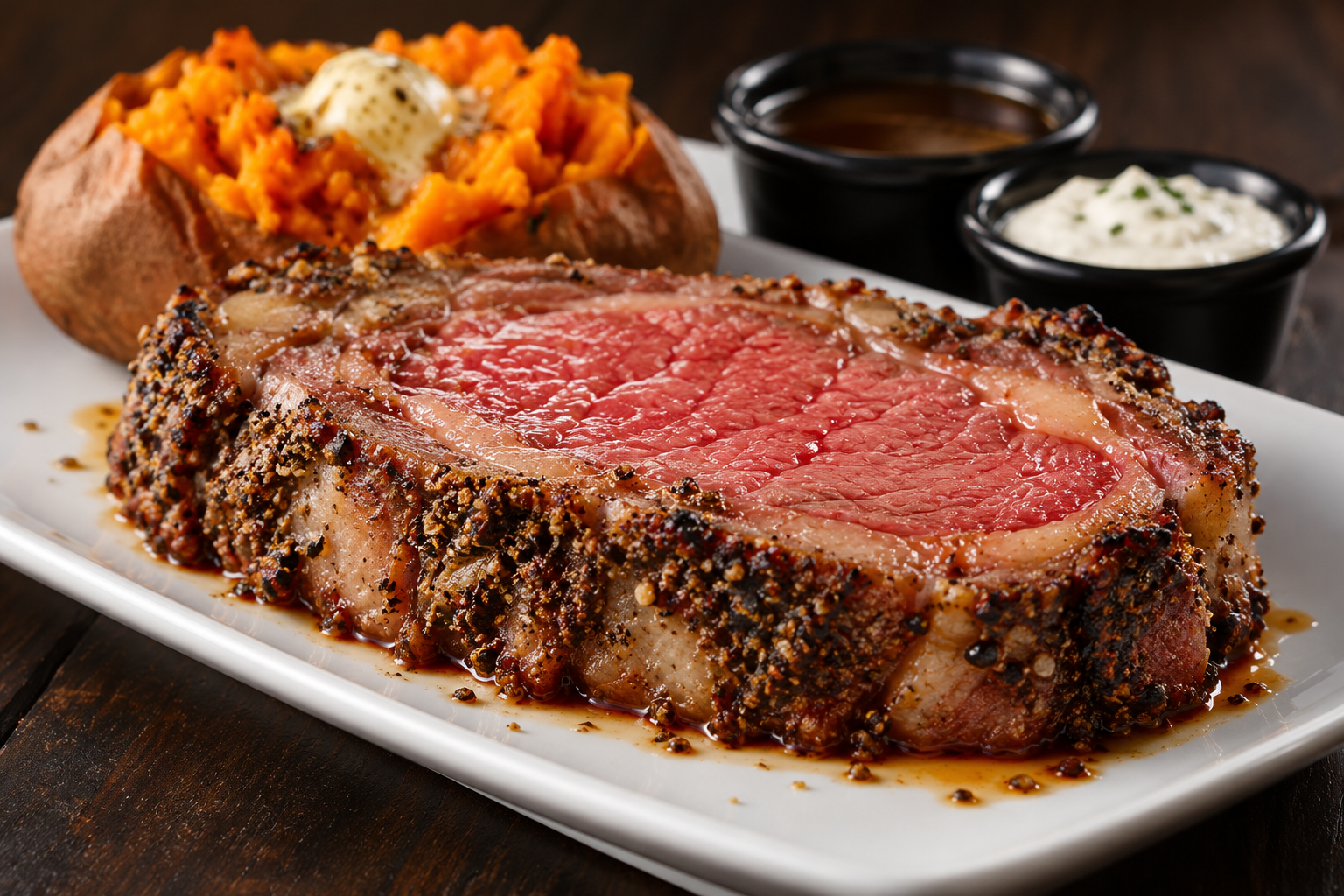 Medium-rare prime rib served with a baked sweet potato