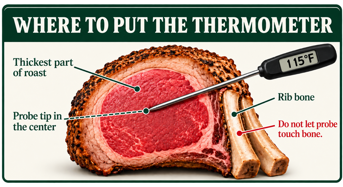 Diagram showing thermometer placement in the center of prime rib, away from bone, with a 115°F reading