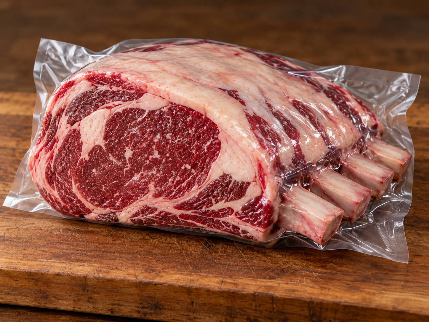 Vacuum-sealed raw bone-in prime rib roast